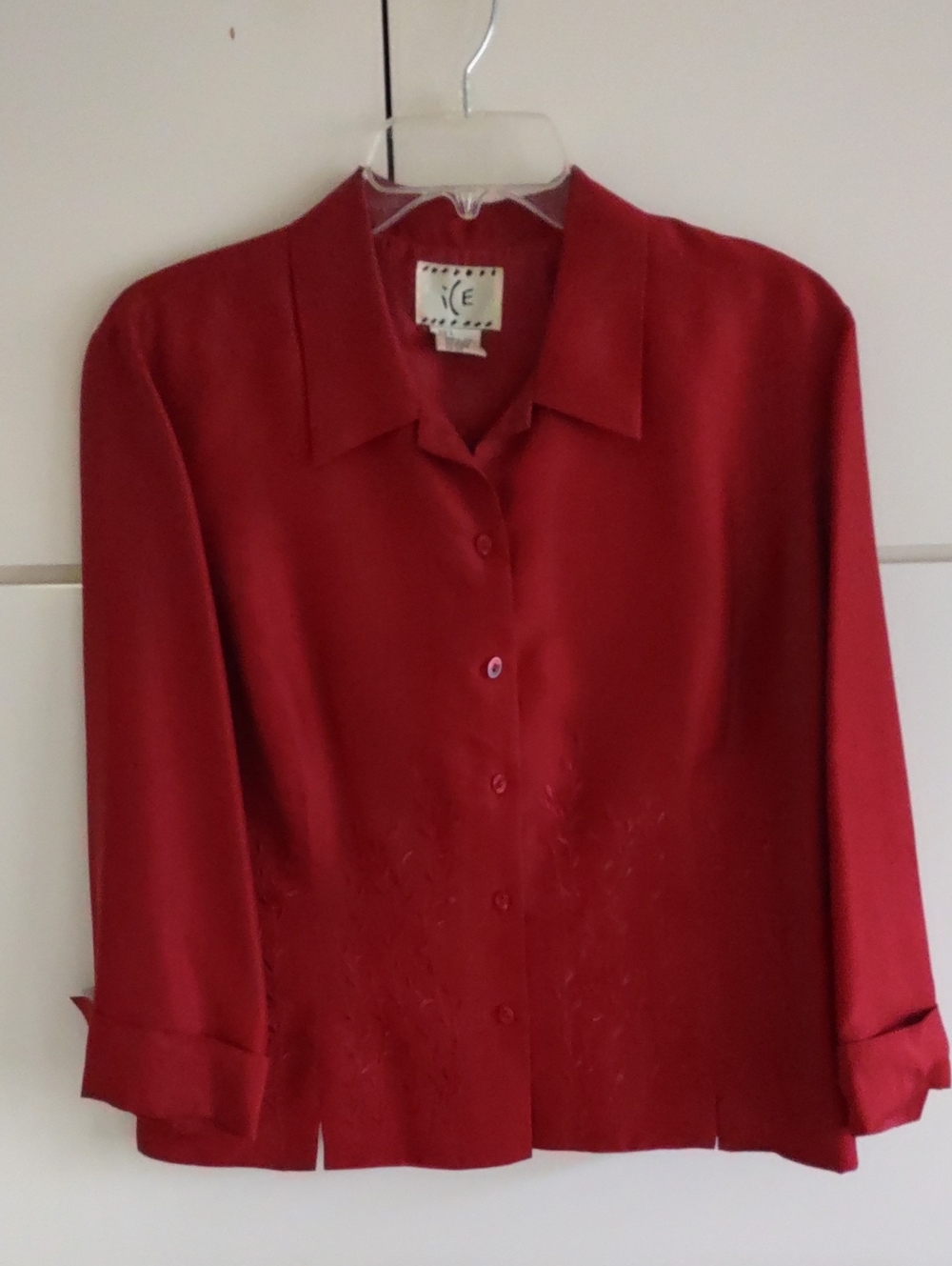 Ice Vintage Button-Front Red Women's Shirt With Embroidery At The Bottom.